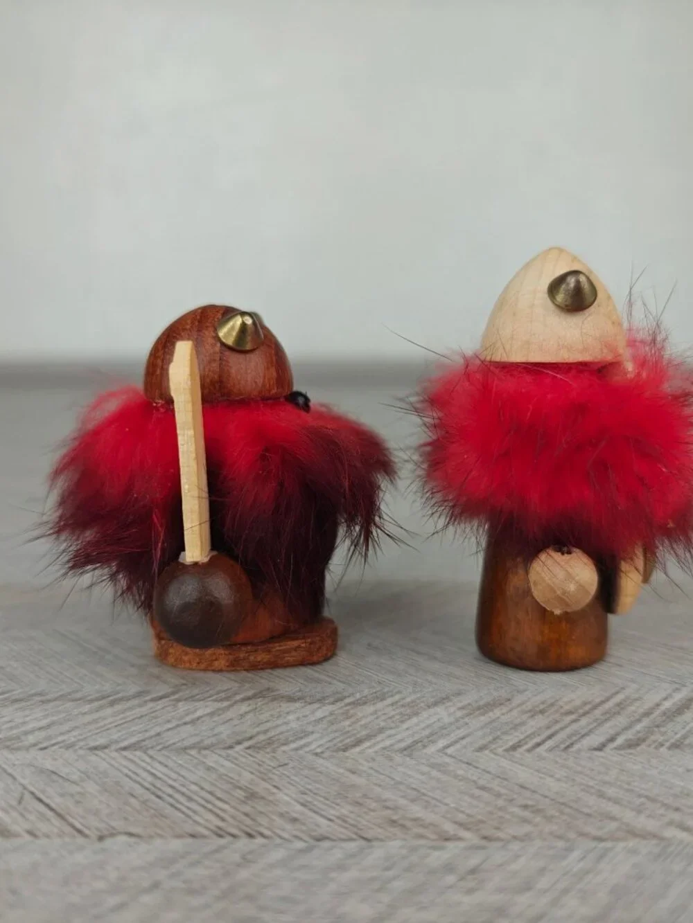 Vintage Lot Of 2 Miniature Teak Wooden Viking Figurines Helmets Swords Denmark
